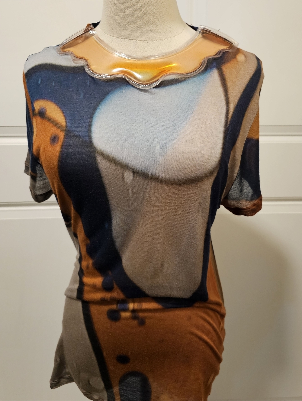 Christopher Kane Orange Blue Swirl Mesh Psycheledic Abstract Short Sleeve Top M